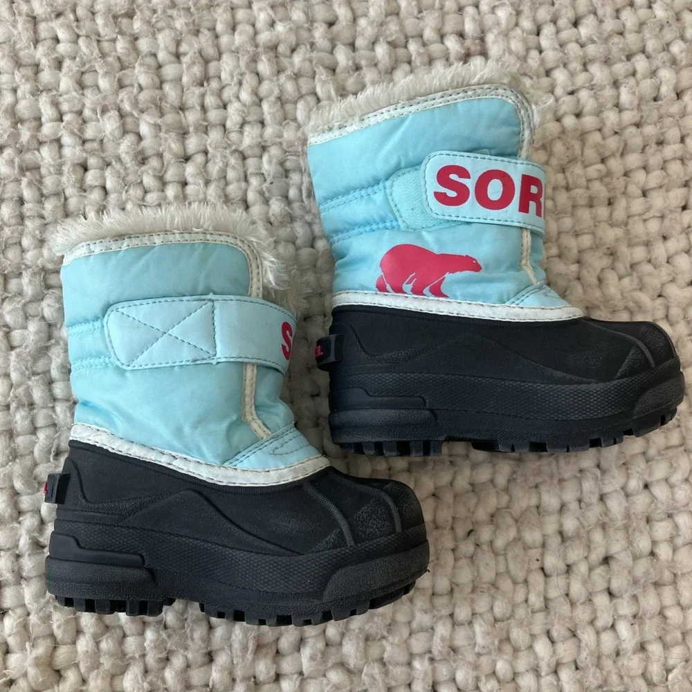 Sorel Commander Snow Boot Kids Size 7 Pink Blue‎ Waterproof Fleece Lined Outdoor